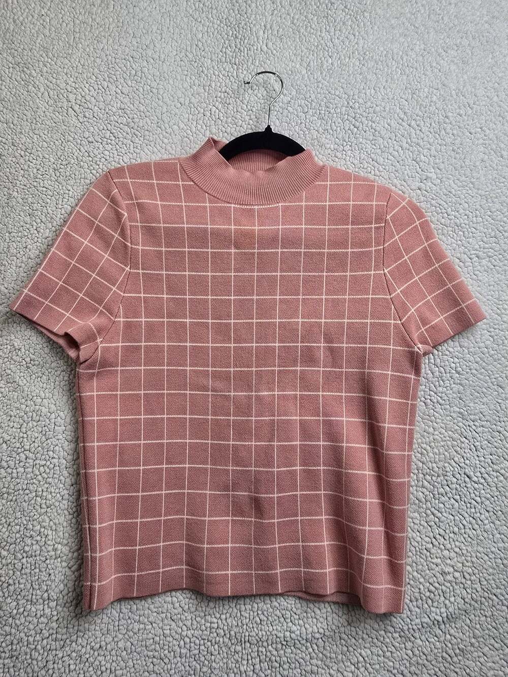Maeve Anthropologie Pink Grid Pattern Mock Neck Short Sleeve Knit Top Size Small